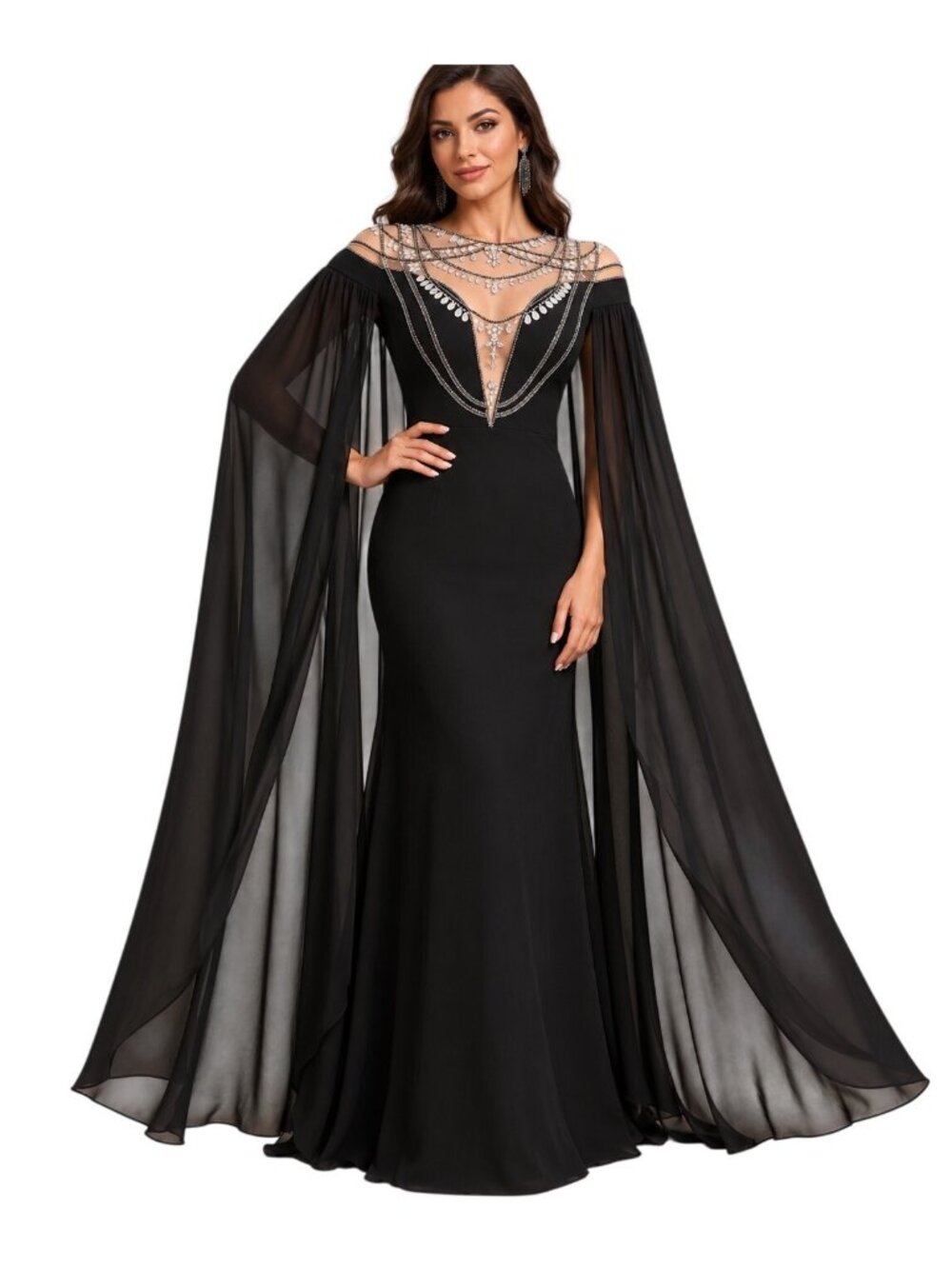 JJs House Ovidia Black Cape Chiffon Maxi Dress Size 6